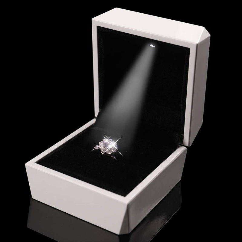 [Australia] - LamQee Engagement Ring Box with LED Light Velvet Earrings Studs Ring Case Jewelry Display Storage Box for Proposal Engagement Birthday Wedding Anniversary Valentine's Day Christmas Gift - White LED Ring/Earrings Box 