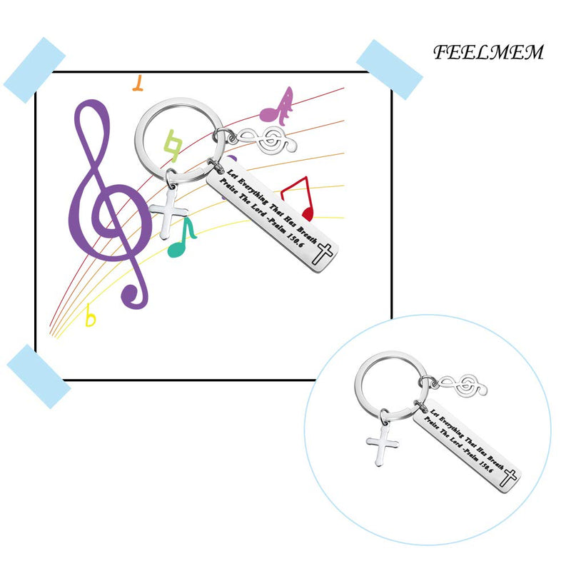 [Australia] - FEELMEM Music Lover Gift Let Everything That Has Breath Praise The Lord Bible Verse Keychain with Music Note Charm Cross Charm Musician's Prayer Jewelry Gift silver 