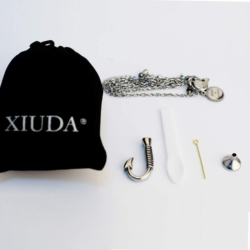 [Australia] - XIUDA Fish Hook Memorial Ash Urn Necklace Stainless Steel Cremation Jewelry for mom & dad, Fish Pendant & Always in My Heart silver 