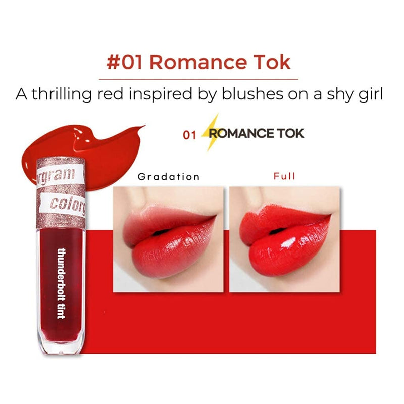 [Australia] - COLORGRAM Thunderbolt Tint Lacquer 4.5g - True Beauty K-Drama Makeup, Glossy Long Lasting Moisturizing Lip Stain (01 Romance Tok) 01 Romance Tok 