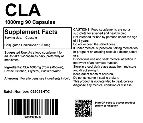 [Australia] - Conjugated Linoleic Acid 90 Capsules, High Strength CLA Tonalin 1000mg Softgels Capsules Supplement UK Made. Pharmaceutical Grade Omega 6 Oil from Safflower 