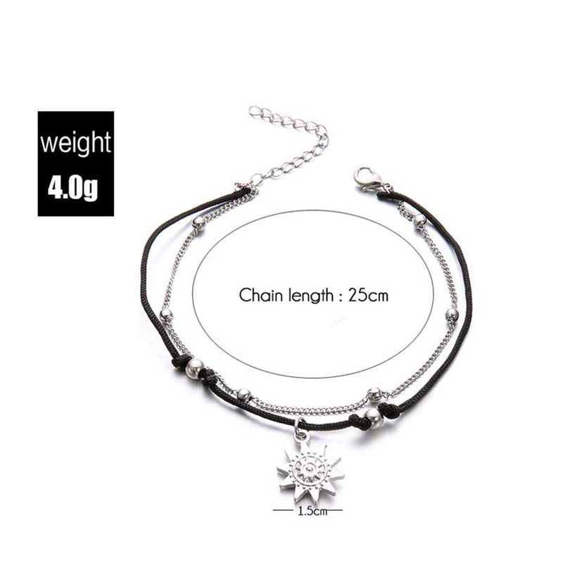 [Australia] - YBSHIN Retro Double Anklet Silver Sun Ankle Bracelet Chain Weave Rope Pendant Foot Jewelry for Women and Girls 