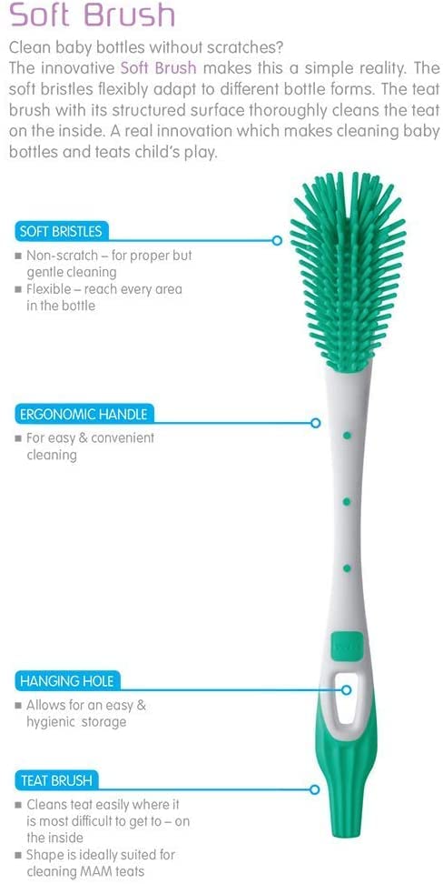 [Australia] - MAM Soft Baby Bottle Brush, Teat Brush with Hanging Hole for Easy Storage, Non-Scratch Brush, Ideally Suited for Cleaning Bottle Teats, Unisex (Colour May Vary) 