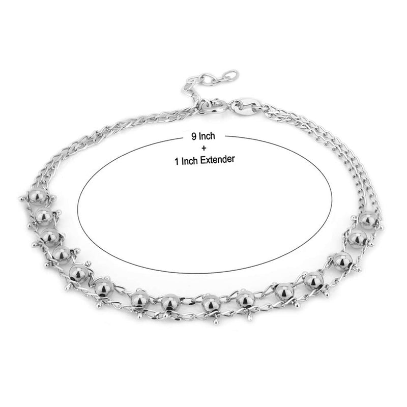 [Australia] - Vanbelle Sterling Silver Jewelry Double Layered Chain and Hanging Beads Anklet with Rhodium Plating for Women and Girls 