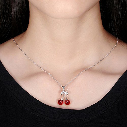 [Australia] - Ginger Lyne Collection Cherry Red Agate Stone Sterling Silver Pendant Necklace Water Waves Chain 