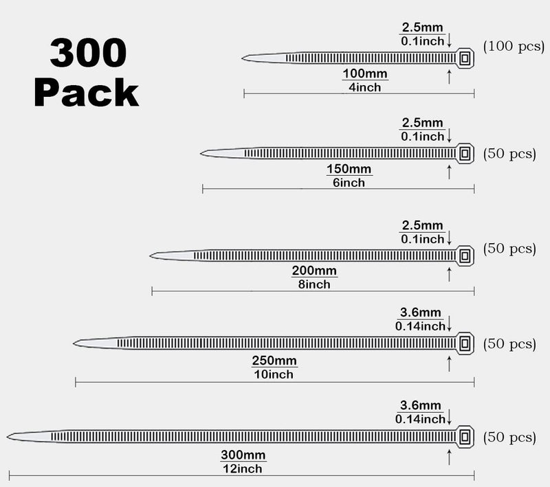 [Australia] - Oksdown 300pcs White Zip Ties Assorted Sizes 4/6/8/10/12 Inch Clear Plastic cable ties from Small to Large Heavy Duty Nylon tie Wraps Multi-Purpose Variety Wire Ties 
