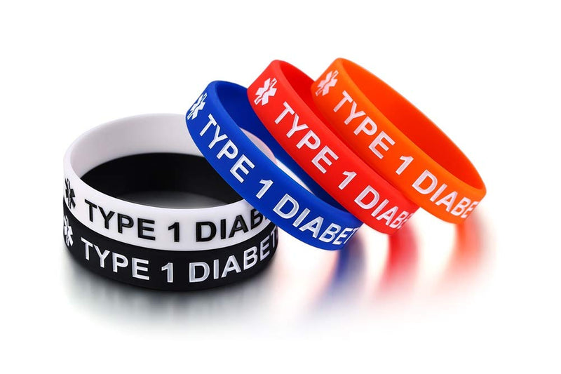 [Australia] - MEALGUET Pack of 5 Comfort Silicone Medical Alert ID Type 1 Diabetic Type 2 Diabetic Wristband Awareness Diabetic Bracelet for Kid Boys Girls, 6.7" B-Type 1 Diabetic 