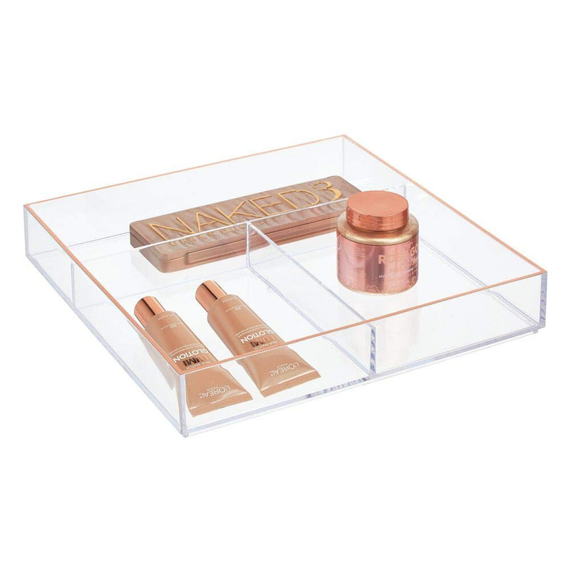 [Australia] - mDesign Wide Makeup Organizer for Bathroom Drawers, Vanity, Countertop - Storage Bins for Makeup Brushes, Eyeshadow Palettes, Lipstick, Lip Gloss, Blush, Concealers - 12" x 12" - Clear/Rose Gold 12 x 12 x 2 