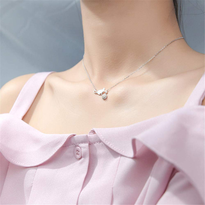 [Australia] - Cute Cat Necklace Crystal Ball Pendant Choker Necklace for Women Teens Baby Girls S925 Sterling Silver Small Polished CZ Diamond Cluster Charm Chain 18" Hypoallergenic Lovely Jewelry 