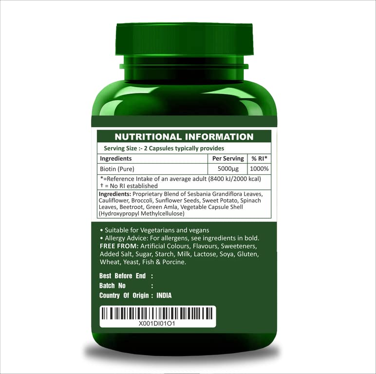 [Australia] - Herbal Magic's Pure & Natural Biotin x 60 Capsules - 5000mcg in 2 x caps - UKAS LAB Tested in UK - 14 Types of Fruits, Vegetables & Herbs - Pack of 1 Biotin Veg Capsules - Pack 1 
