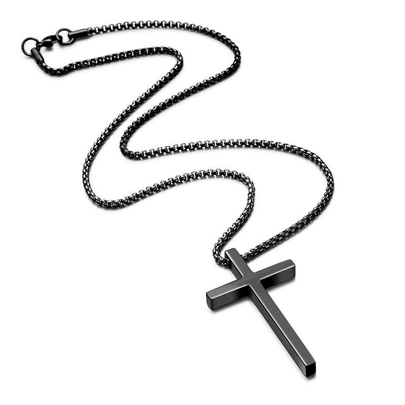 [Australia] - M MOOHAM Cross Necklace for Men, Silver Black Gold Stainless Steel Plain Cross Pendant Necklace for Men Box Chain 16-30 Inch 16.0 Inches Black: Cross Pendant 1.2"*0.7" 