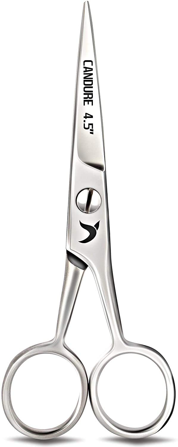 [Australia] - Candure Beard Scissors Professional Moustache Scissors Ear and Nose Hair Trimming Scissors Stainless Steel, Safety Use for Eyebrows, Eyelashes, and Ear Hair 