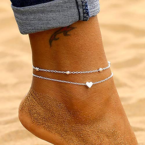 [Australia] - Beads Heart Anklet Cute Ankle Bracelets for Women Gold Silver Anklets for Women Beach Foot Chain for Teen Girls A：silver 