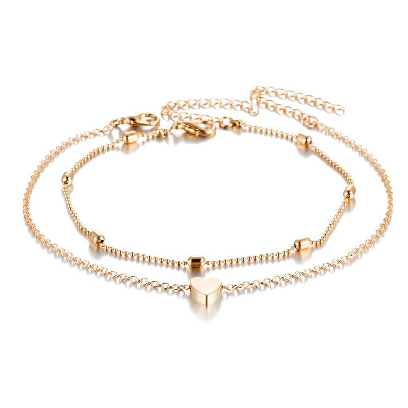 [Australia] - Fesciory Women Heart Anklet Adjustable Beach Layered Ankle Bracelets for Teen Girls Gold Alloy Foot Chain Jewelry 