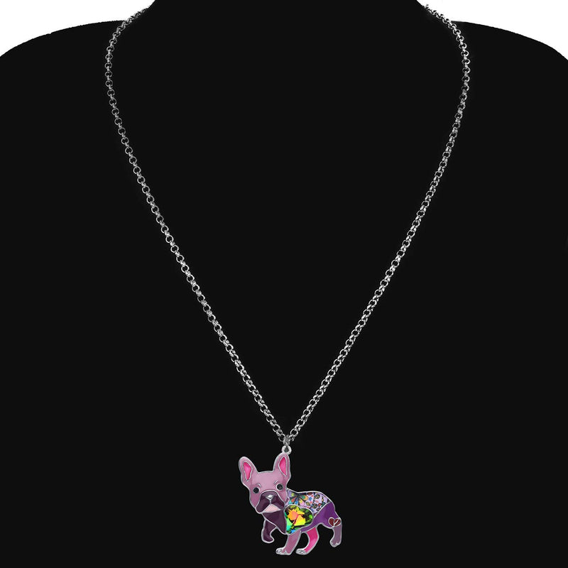 [Australia] - BONSNY Statement Enamel Rhinestone French Bulldog Necklaces Pendant Original Design for Women Kids Jewelry Purple 