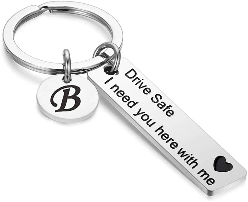 [Australia] - Drive Safe Keychain for Boyfriend with Initial Letter, Personalized Stainless Steel Key Ring for Gift Sliver B Large 