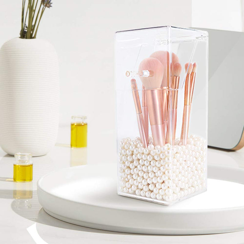 [Australia] - Shellkingdom Makeup Brush Holder,Clear Cosmetic Brushes Organizer for Storage Brushes with Lid and Pearl for Dressing Tables and Vanity (White pearl) White pearl 