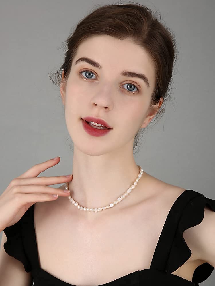 [Australia] - AllenCOCO Baroque Pearl Choker Necklace Strands Short Tiny Adjustable Chain Handmade Vintage Jewelry for Women 14.0 Inches Baroque Choker 