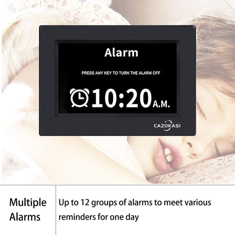 [Australia] - Extra Large Impaired Vision Digital Calendar Day Clock Photo Frame- Auto Dimmable Display 12 Alarm Options, Day Clock with Non-Abbreviated Day & Month Alarm Clock (7 inch Black) 7 Inch Black 