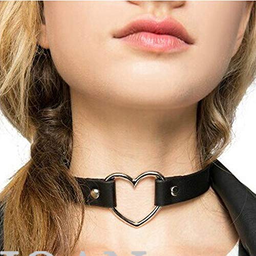 [Australia] - MJartoria Gothic Jewelry-PU Leather Choker Necklace for Women-O-Ring Heart Punk Rock Adjustable Black Collar Choker Cosplayer 2Pcs-black heart+chain 