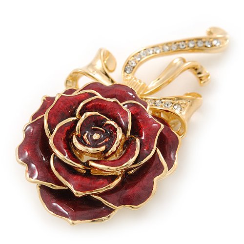 [Australia] - Avalaya Burgundy Red Enamel Rose with Crystal Bow in Gold Plating - 65mm Length 