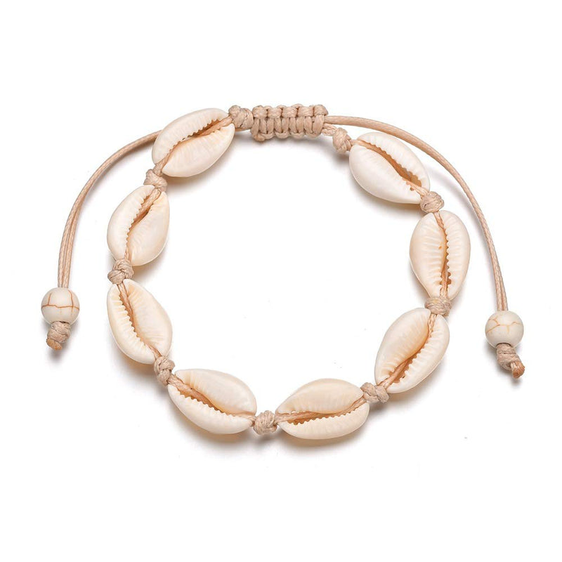 [Australia] - 2 Pieces Handmade Boehmia Natural Cowrie Shell Anklet Seashell Ankle Bracelet Boho Beads Hawaii Foot Jewelry 