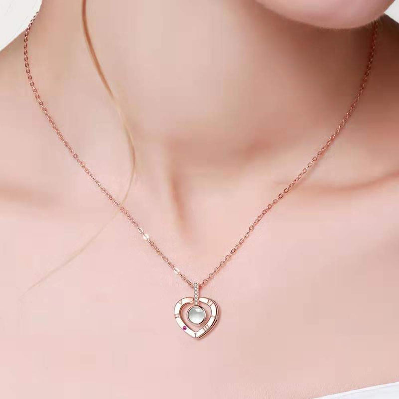 [Australia] - I Love You Necklace for Mom Daughter Girlfriend in 100 Languages Projection Necklace Valentine's Thanksgiving Gift Mum Wife Her GF Rose Gold-Heart 