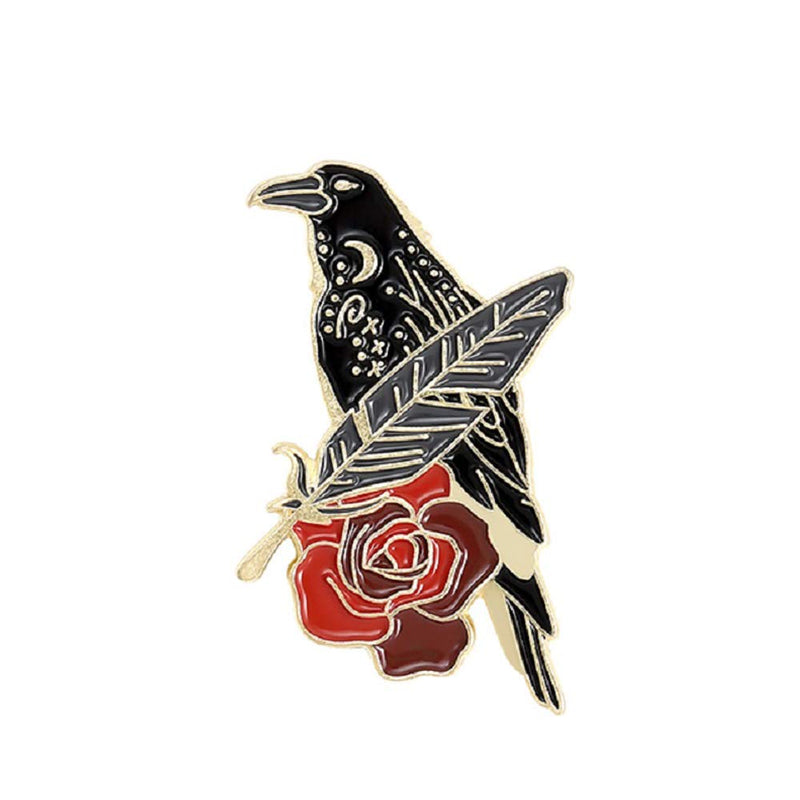 [Australia] - Black Crow Enamel Pins Set Art Rose Moon Lapel Pin Cute Aesthetic Badges for Children Women Backpack Shirt Denim Bag 2pcs 