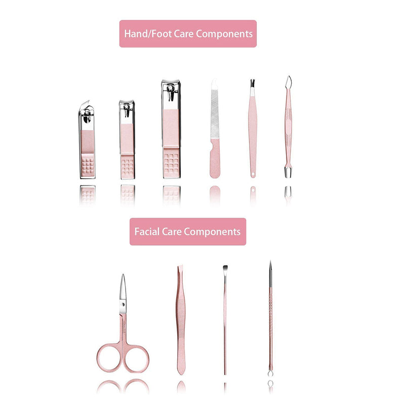 [Australia] - Glamne Manicure Pedicure Set Tools Professional Stainless Steel Nail Care Kits with Leather Travel Case Pink(10pcs) 10PCS 