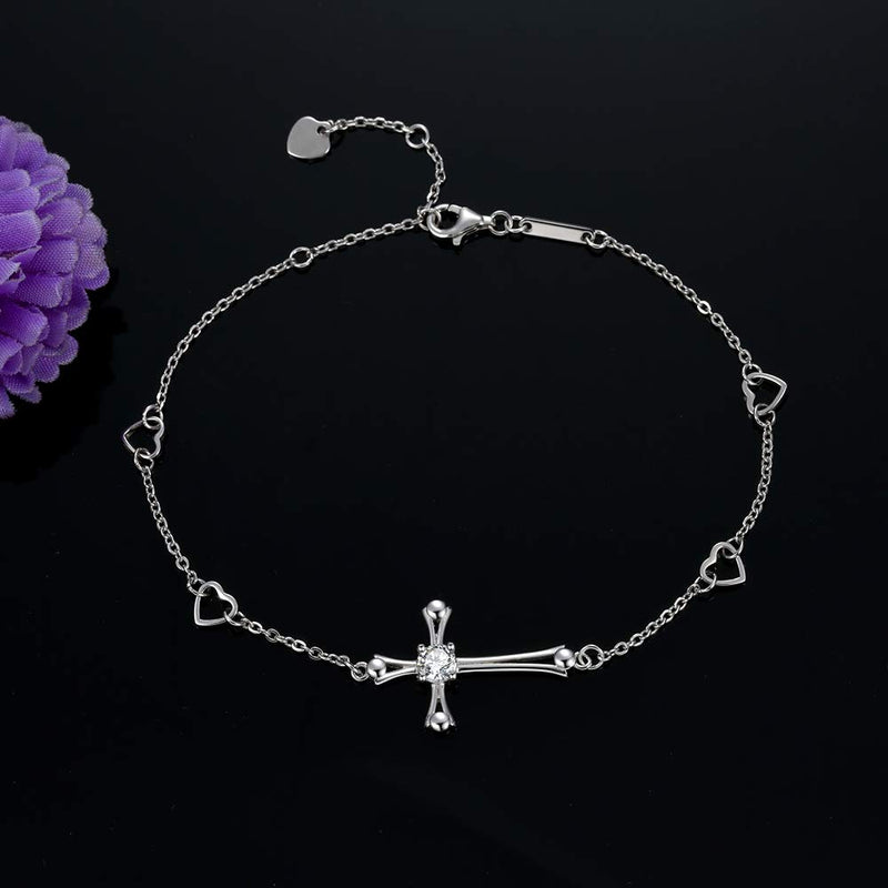 [Australia] - OneSight Cross Ankle Bracelet for Women, 925 Sterling Silver Charm Adjustable Foot Anklet, Large Cross Bracelet One Cubic Zirconia Cross 