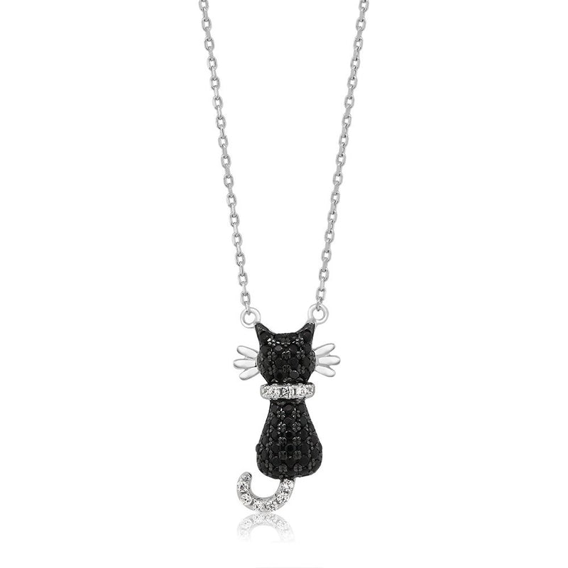 [Australia] - Gem Stone King 925 Sterling Silver Round Zirconia Sitting Black Cat Pendant Necklace On 18 Inch 925 Sterling Silver Chain 