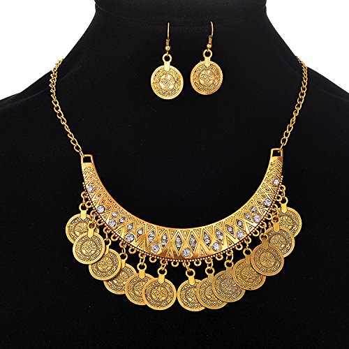 [Australia] - MIXIA Dancing Gypsy Jewelry Ethnic Coin Bib Necklace Drop Earring 2 Pcs Jewelry Set Women Exotic Bohemian Accessories Antique gold 