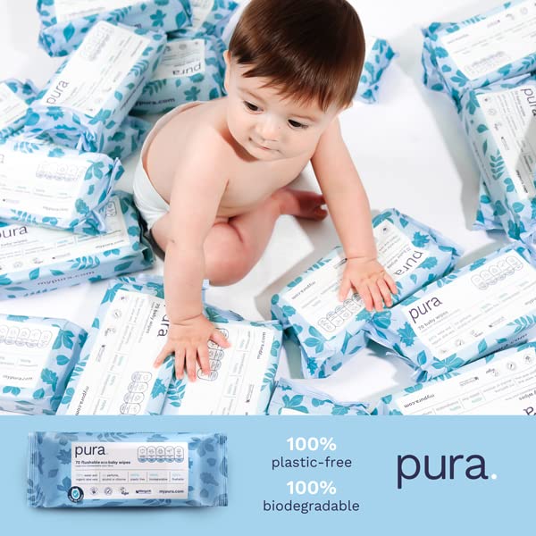 [Australia] - Pura Flushable Baby Wipes 100% Plastic Free, 99% Water, Suitable for Sensitive Skin & Eczema Prone Skin, Biodegradable, 70 Wipes Flushable (70 Wipes) 