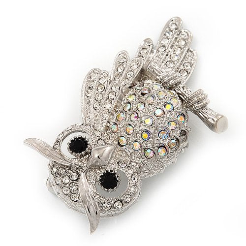 [Australia] - Avalaya Sparkling AB Crystal Owl Brooch (Silver Tone Metal) - 50mm L 