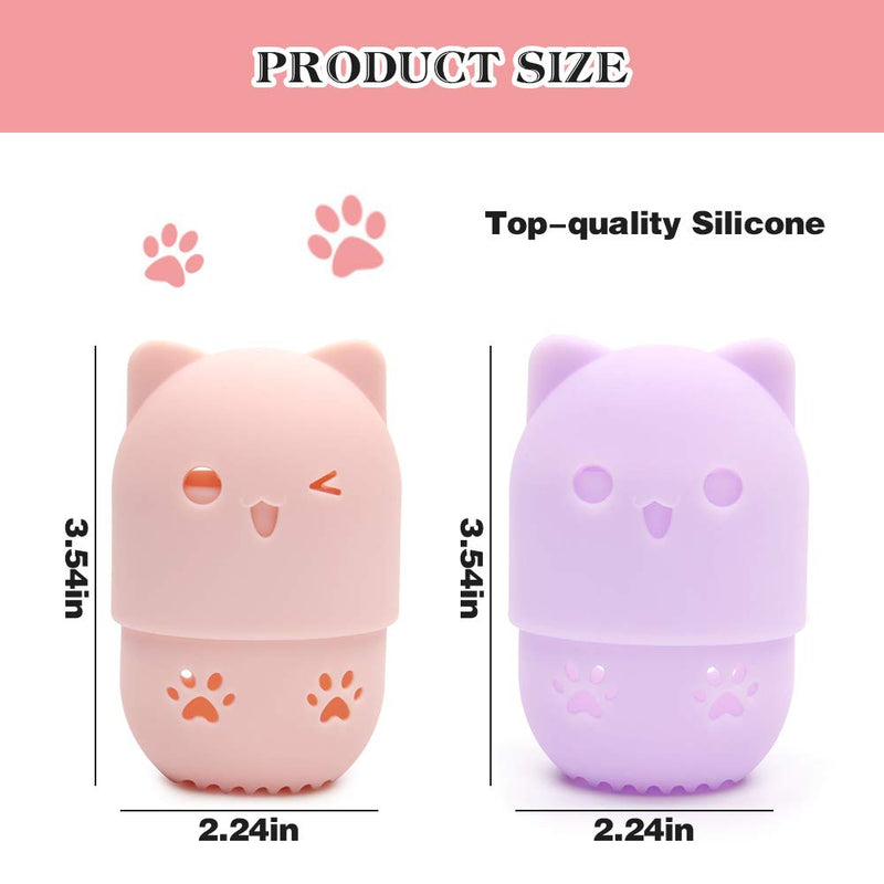 [Australia] - Ozazuco Beauty Sponge Blender Container/2 Beauty Sponge Travel Case and 2 Makeup Sponge Drying Holder/Cute Cat Silicone Makeup Sponge Travel Carrying Case/Beauty Sponge Holder Dry Rack Easy To Carry pink+purple 