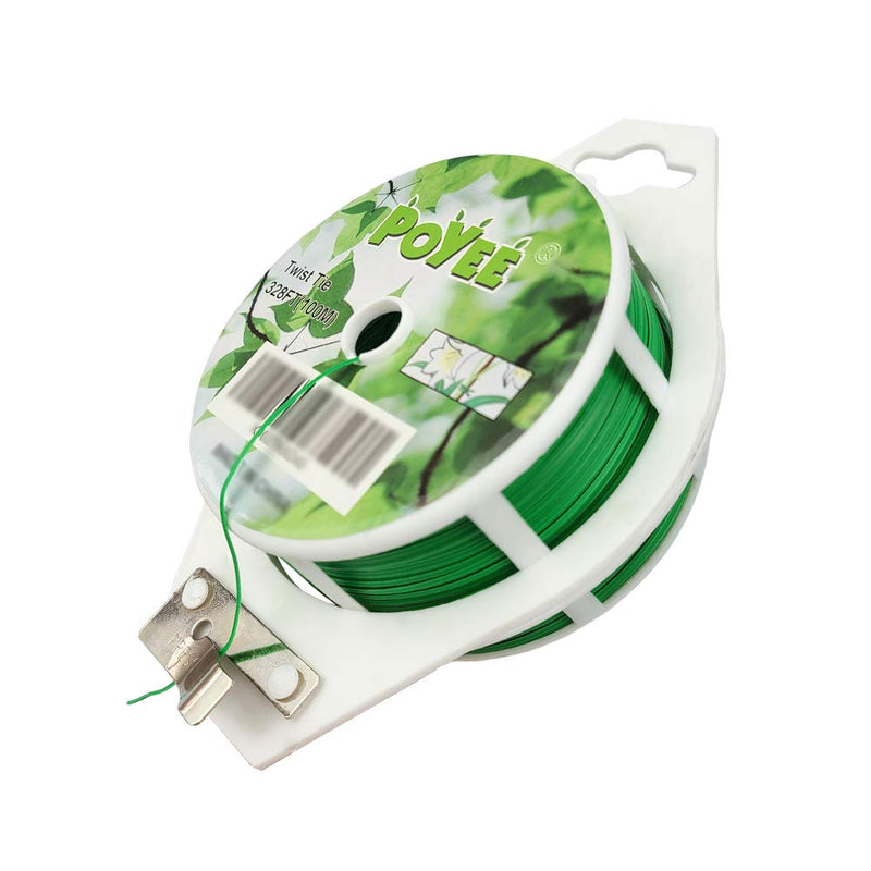 [Australia] - POYEE 328ft (100m) Garden Twist Tie, Green PE Plastic Coated Plant Twist Tie with Cutter for Gardening and Office Organization, Home 1 Pack 
