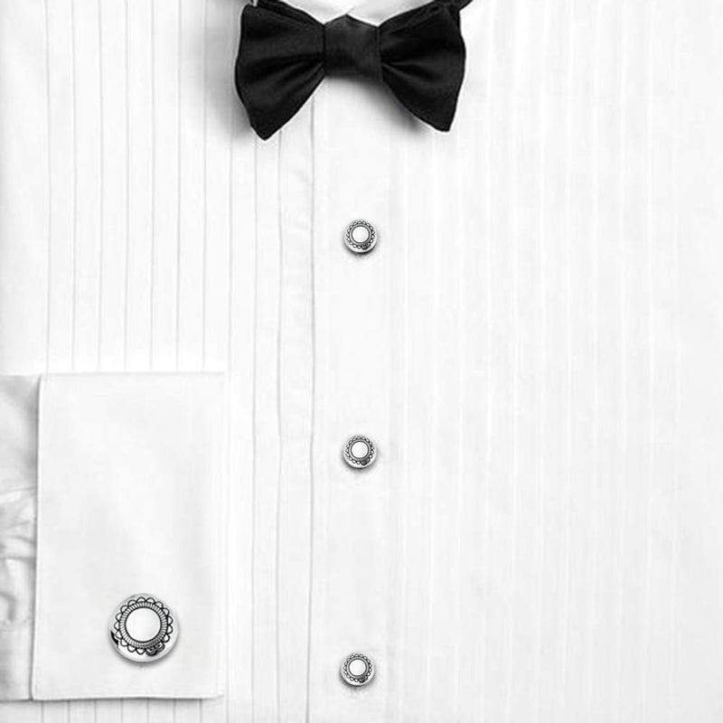 [Australia] - HAWSON Cufflinks and Studs for Men-Flower Pattern Men Fashion Tuxedo Shirt Silver Cufflinks and Studs Set for Regular Weeding Business Accessories 