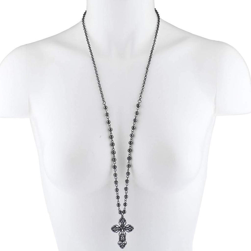 [Australia] - Lux Accessories Classic 80s Gothic Black Rosary Cross Beaded Pendant Necklace Hemitite 