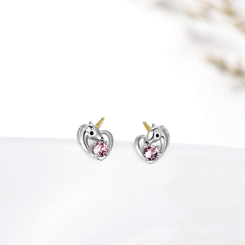 [Australia] - Unicorn Earrings 925 Sterling Silver Love Heart Stud Earrings with Birthstone Crystals, Unicorn Gifts for Girls Pink 
