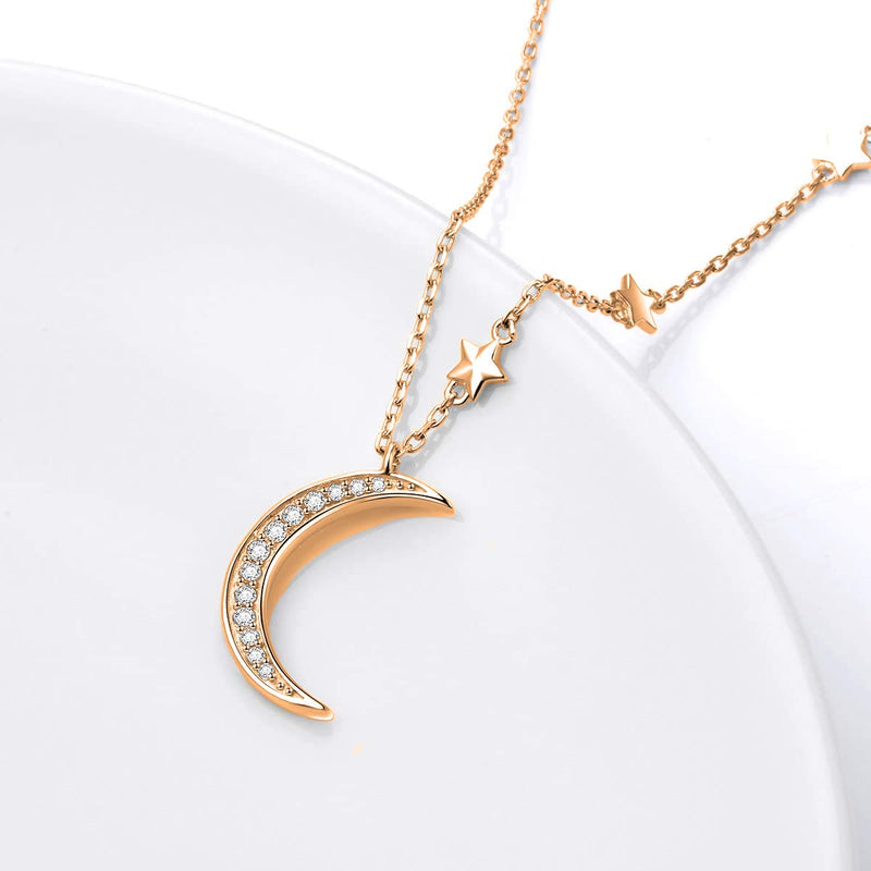 [Australia] - Savlano 14K Gold Plated Cubic Zirconia Round Cut Moon & Stars 18 Inches Pendant Chain Necklace for Women & Girls Yellow Gold 