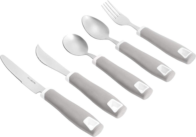 [Australia] - Special Supplies Adaptive Utensils 5-Piece Set Non-Weighted, Non-Slip Handles for Hand Tremors, Arthritis, Parkinson’s or Elderly Use - Stainless Steel Knife, Rocker Knife, Fork, Spoons - Gray 