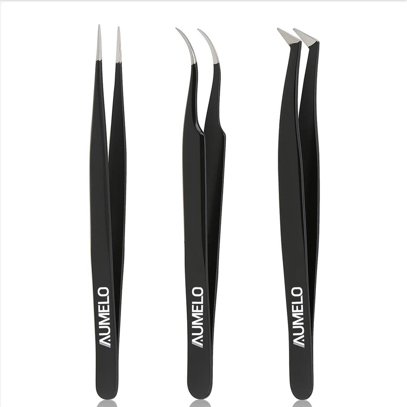 [Australia] - Tweezers for Eyelash Extensions by AUMELO - 3 PCS Professional Stainless Steel Precision Eyelashes Lash Tweezers Set for Your Beauty - Steel Pointy Ends Meet Perfectly,Black Black 