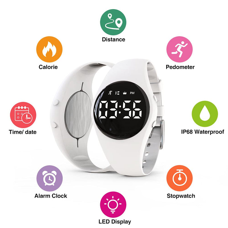 [Australia] - Led Digital Pedometer Watch , Digital Steps Tracker , Non-Bluetooth, Vibrating Alarm Clock, Stopwatch, Great Gift for Children Teens Girls Boys Women White 