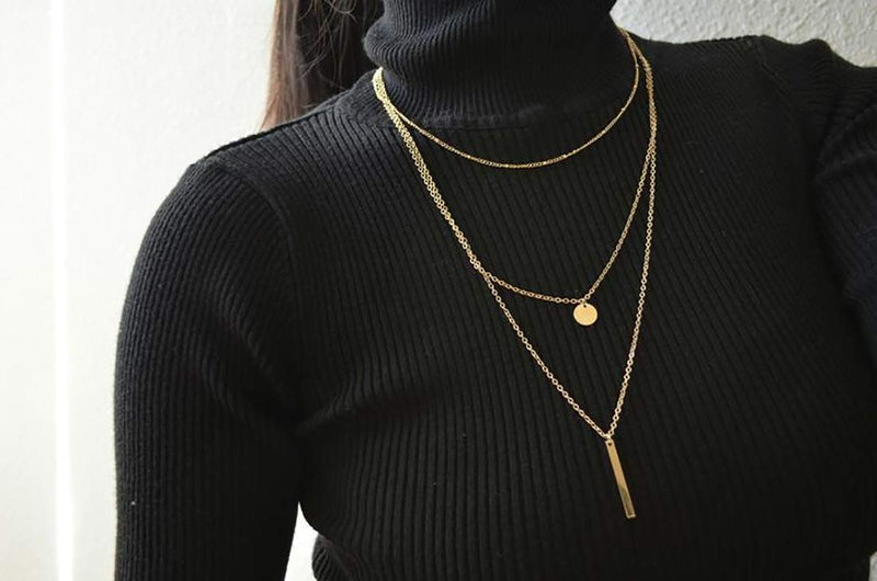 [Australia] - Layered Choker Necklace,18K Gold Plated Stainless Steel Cubic Zirconia Triangle Geometric Pendant Necklace Coin Disc Bar Pendant Beaded Chain Layer Necklace for Women Girls Coin Pendant 