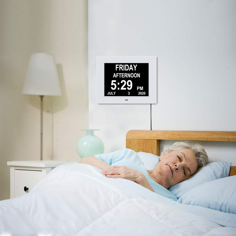 [Australia] - LaMi 2022 【Upgraded】 8 Inch Digital Date Day and Time of Week Clock -8 Alarm Reminders,AM/PM ,Dementia Clocks with Extra Large Non-Abbreviated Day&Month for Seniors, Memory Loss, Alzheimer's ( White) 