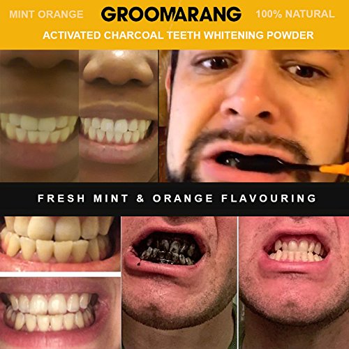 [Australia] - Groomarang Activated Charcoal And Coconut Shell Mint Orange Teeth Whitening Powder 50g FREE Bamboo Toothbrush 