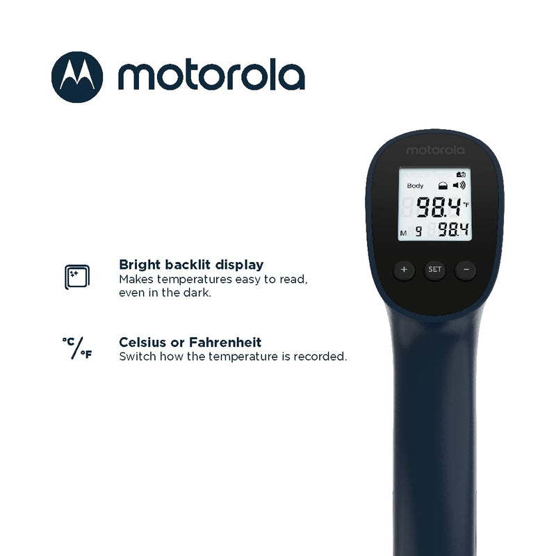 [Australia] - Motorola TE-94 Infrared Touchless Forehead Thermometer for Adults and Kids - Backlit Display, Memory Function, High Temp Alert - Dark Blue 