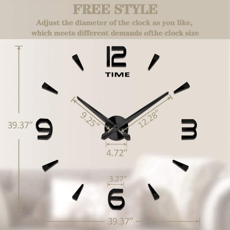 [Australia] - VANGOLD Large 3D Wall Clock DIY Wall Decoration Clock with Mirror Surface Sticker for Office Home Living Room Decor Black-73 