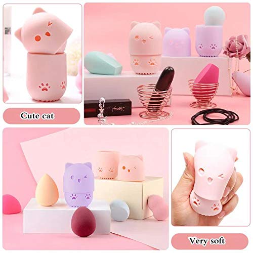 [Australia] - Ozazuco Beauty Sponge Blender Container/2 Beauty Sponge Travel Case and 2 Makeup Sponge Drying Holder/Cute Cat Silicone Makeup Sponge Travel Carrying Case/Beauty Sponge Holder Dry Rack Easy To Carry pink+purple 