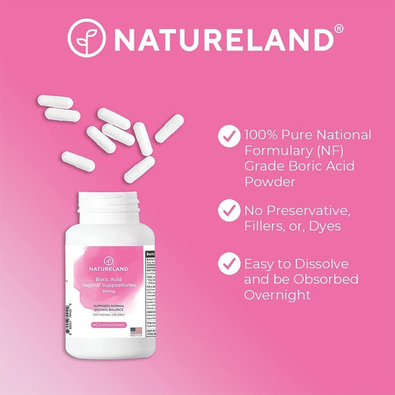 [Australia] - NATURELAND [40 Count] Boric Acid Suppositories 600mg w/ [10 Pack] Vaginal Applicator - Feminine Care 